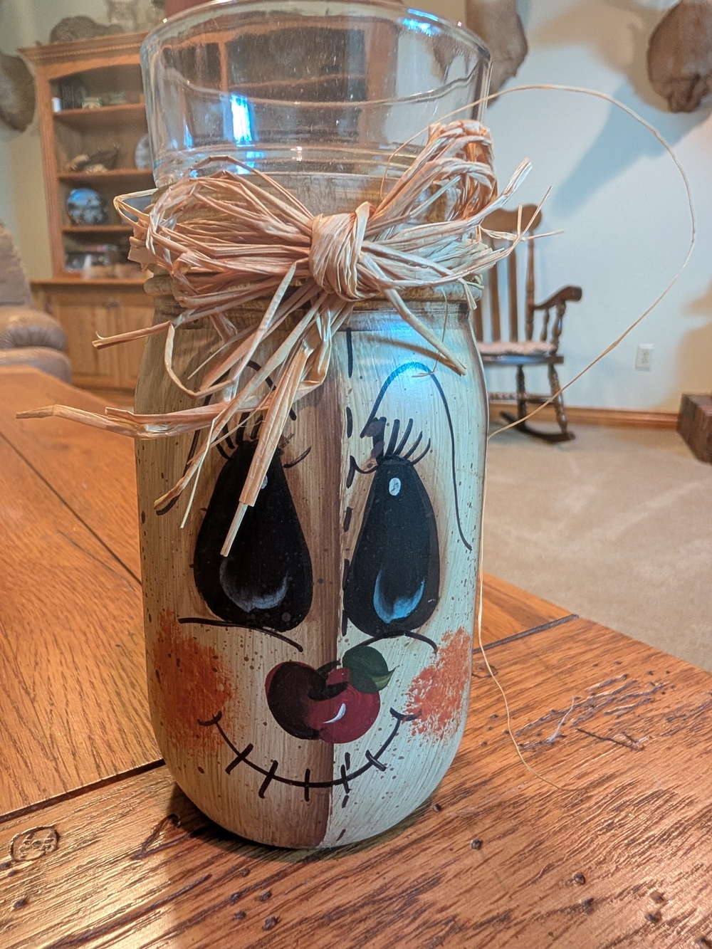 Hand-Painted Rustic Scarecrow Glass Mason Jar with Raffia Tie - Brown